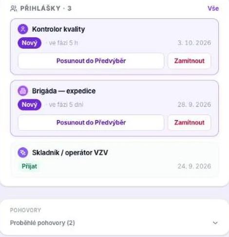 Přihlášky kandidátky: tři pozice, dvě ve fázi Nový s tlačítky Posunout do Předvýběr a Zamítnout, u Skladníka stav Přijat.