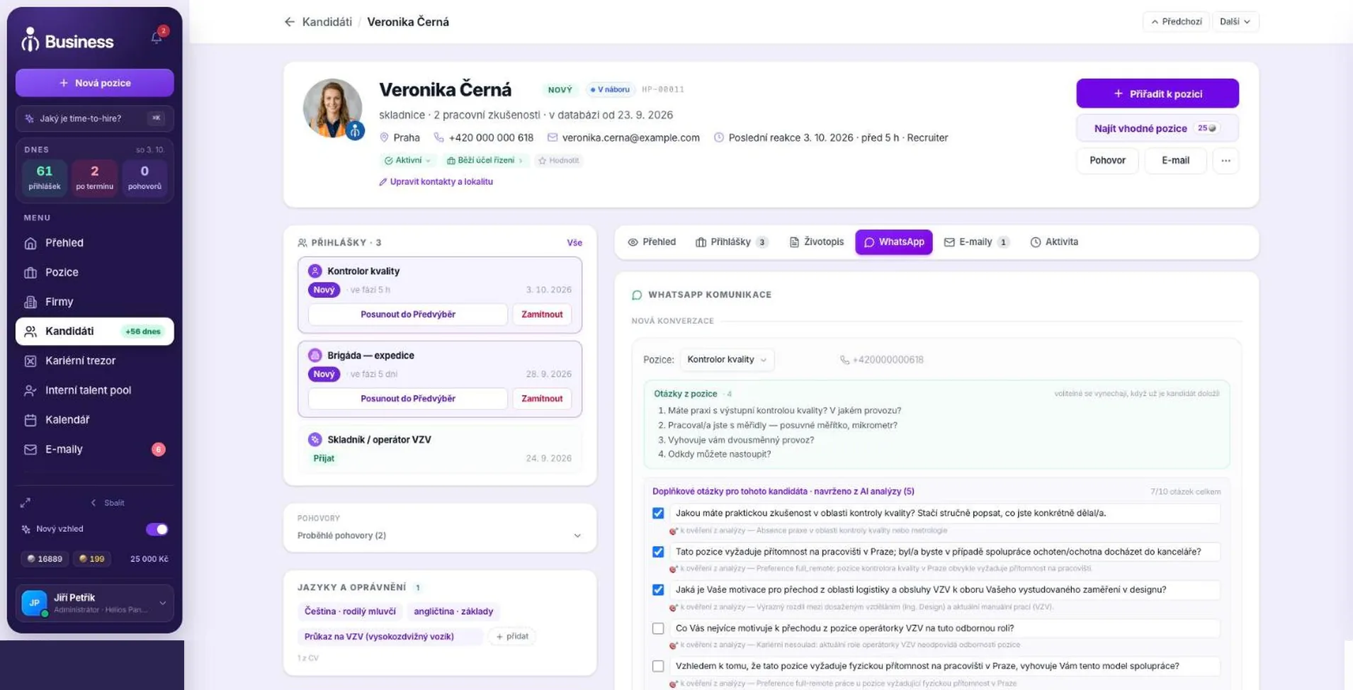 Profil kandidátky Veroniky Černé v JOB LEADER, záložka WhatsApp: tři přihlášky vlevo, vpravo příprava předpohovoru — otázky z pozice a doplňkové otázky navržené z AI analýzy.
